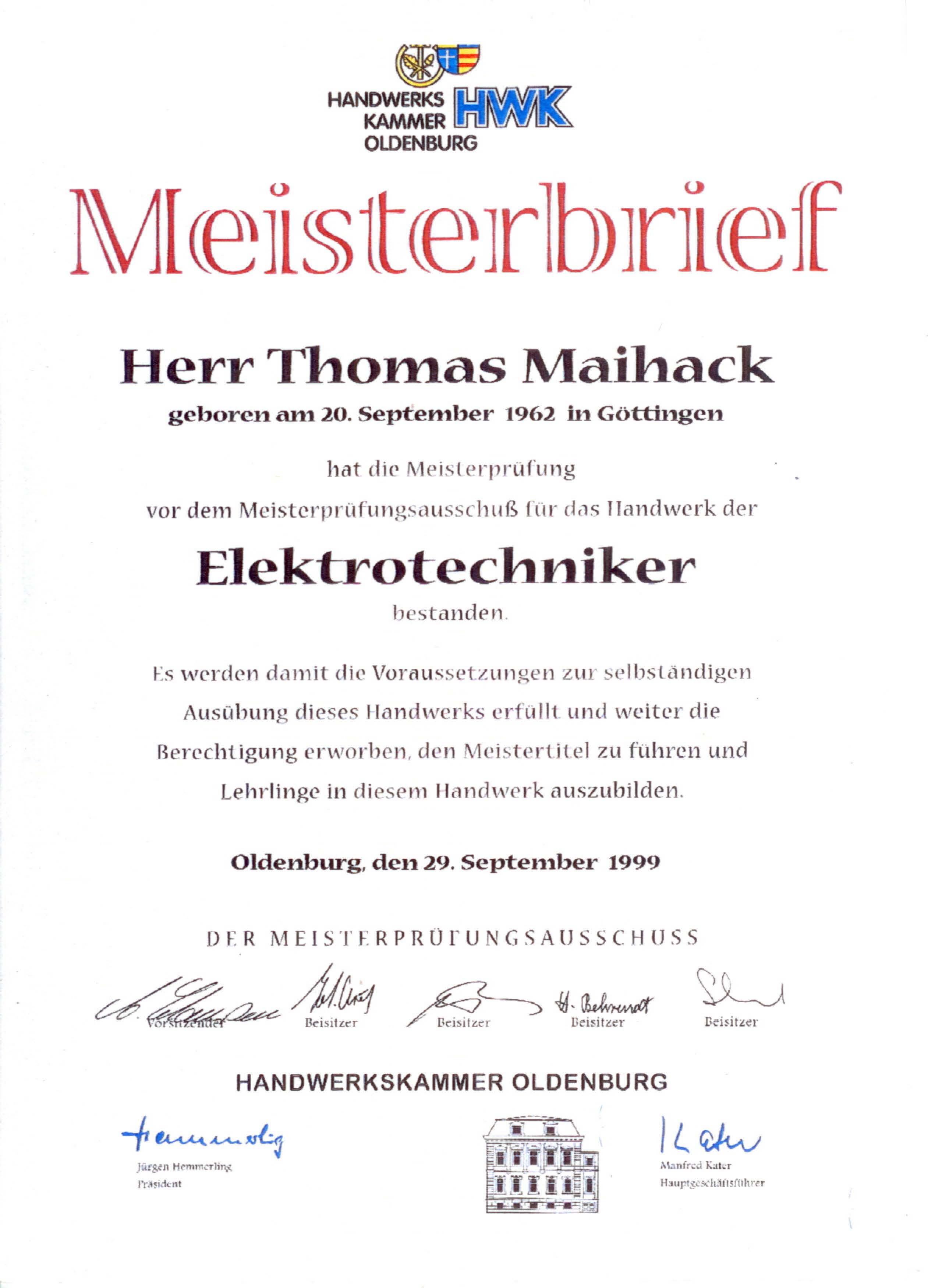 Meisterbrief Thomas Maihack